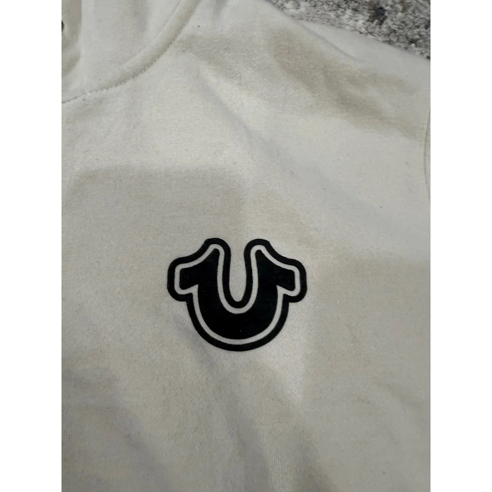 True Religion Mens Zip Up Hoodie Cream Off White Horseshoe Logo XL Sweatshirt